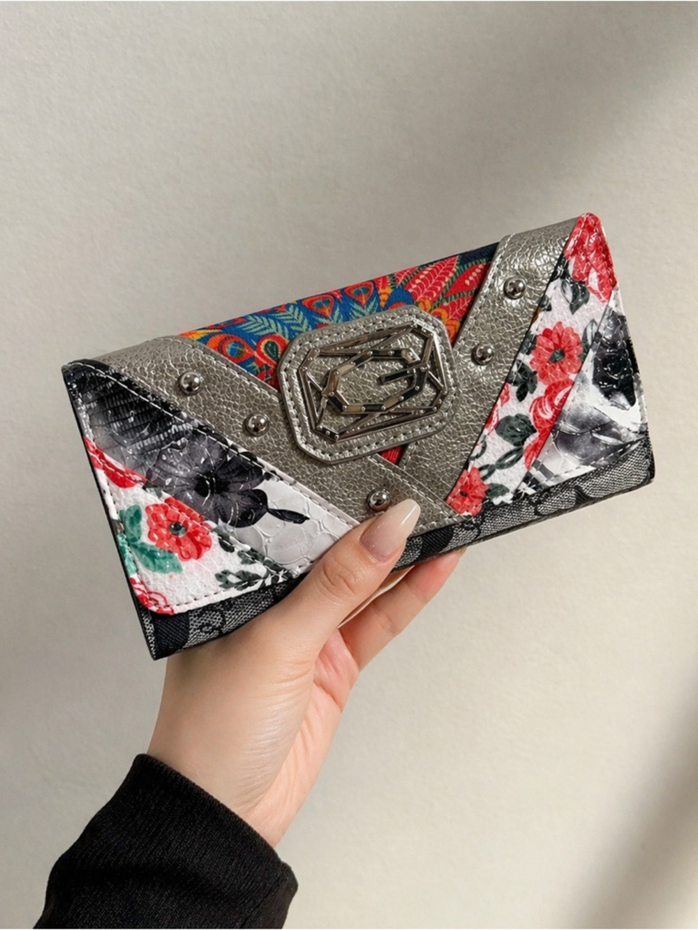 Y2K Vintage Floral Patchwork Studded Wallet Clutch Multicolor New Trifold